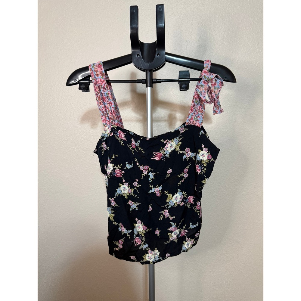 Vintage Zoe California Floral Rayon Crepe Tie Strap Tank Top Black Pink Medium